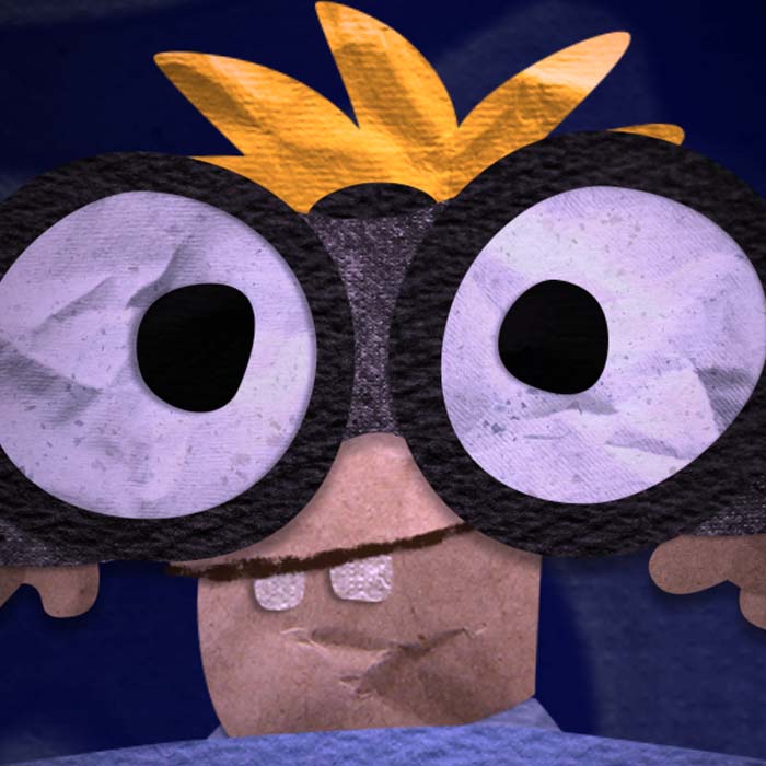 Animated boy looks through binocular lenses in After Effects animation.