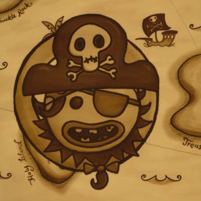 2D illustration of the pirate on an old hand-drawn map.