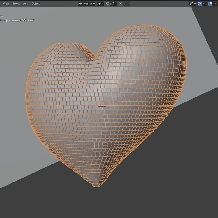Screen capture of unrendered CG disco ball in the shape of a heart.