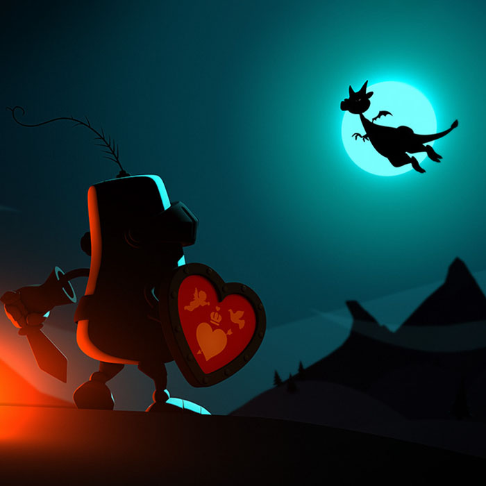 Sir Lovalot faces the dragon, silhouetted against the moon.