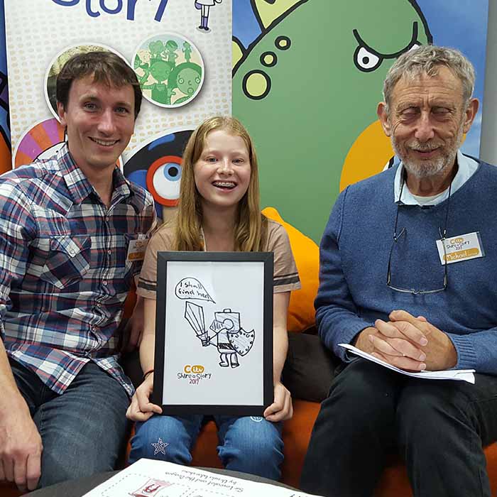 Competition winner Ursula sits with author Michael Rosen and freelance animator Frank Mansfield.