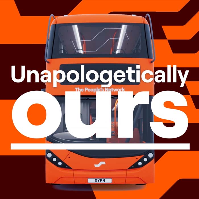 Beautiful new SYPN branded bus with animated text reading unapologetically ours.