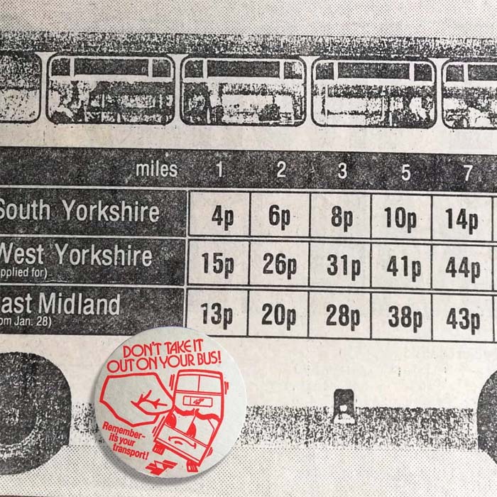 Old fares graphic and illustrated badge.
